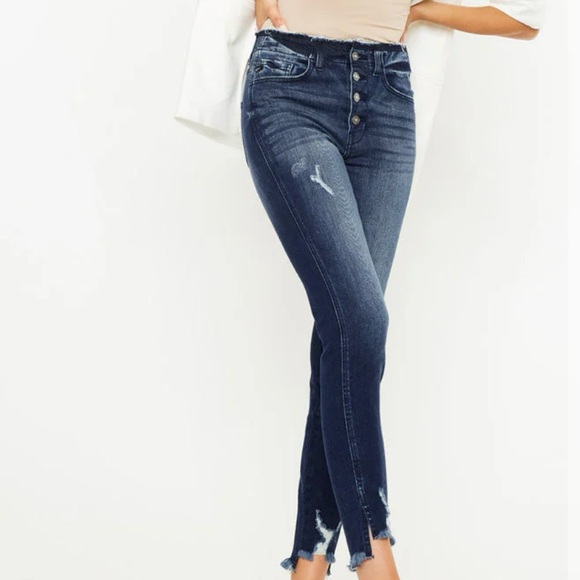 KanCan Denim - Kancan Dark Wash 4-Button Fly Ankle Length Skinny Jeans, Raw Hem, Size 11/29